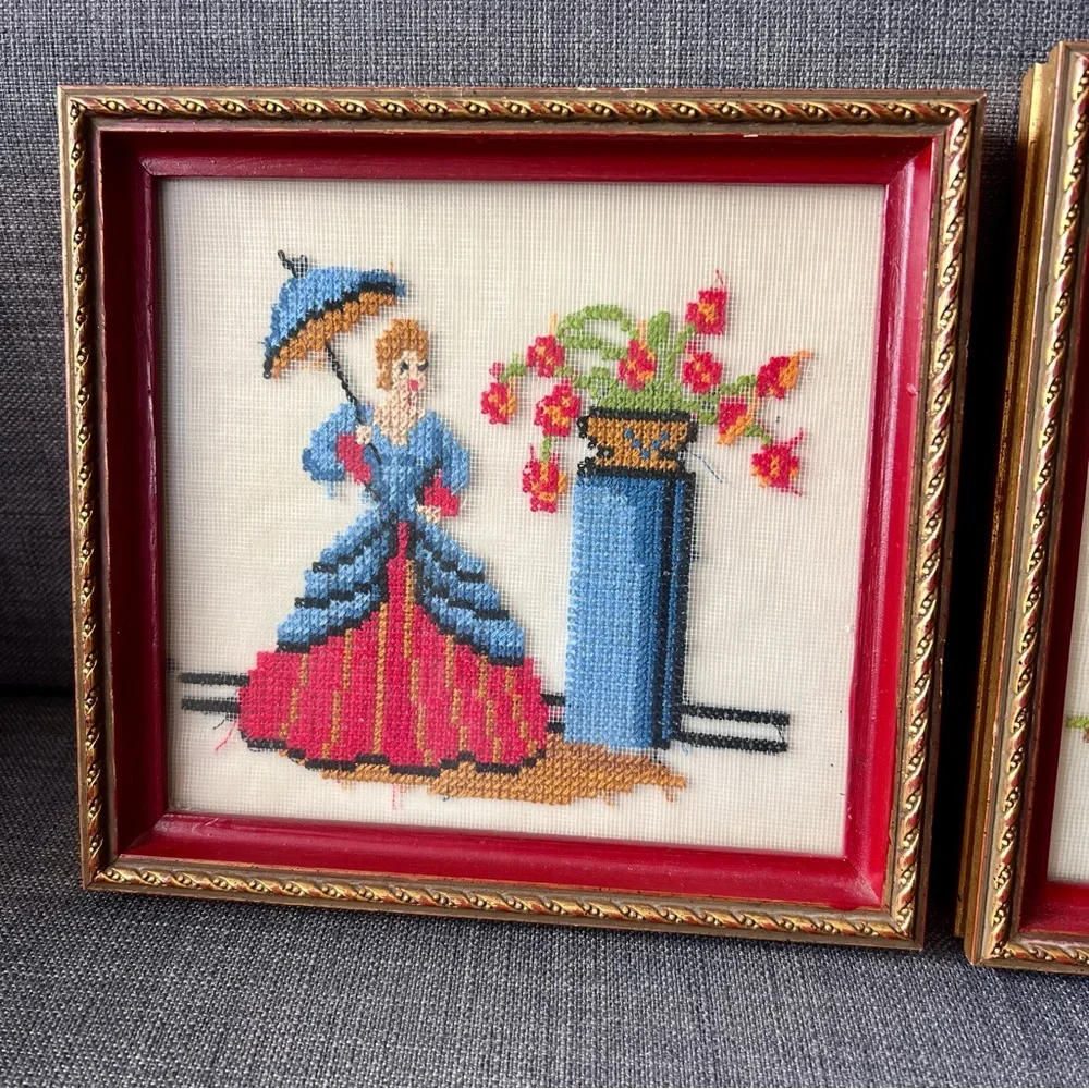 Vintage Needlepoint Set woman with parasol & matador and woman beautiful framed